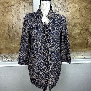 Sparrow Knit‎ Cardigan Women's Medium Blue Fringe Trim Linen Blend Open Front